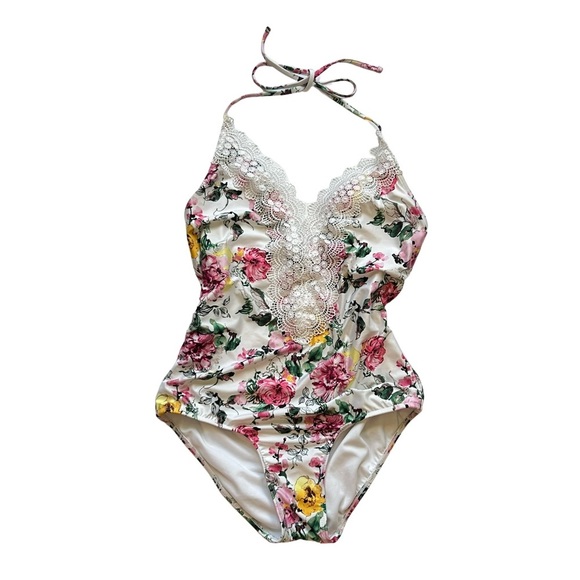 Sea Angle | Swim | One Piece Halter Floral Swimsuit With Lace Trim ...